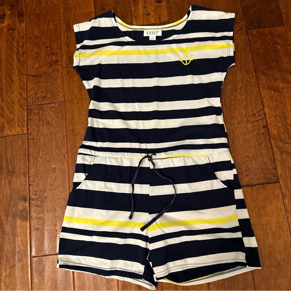 Exist women’s beach romper navy white yellow stripe pockets drawstring stretch M